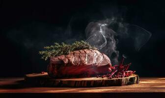 das Aroma von geräuchert Rindfleisch auf ein hölzern Tafel mit Kräuter gefüllt das Luft. Erstellen mit generativ ai Werkzeuge foto