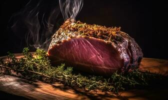 das Präsentation von geräuchert Rindfleisch auf ein hölzern Tafel mit Kräuter war beeindruckend. Erstellen mit generativ ai Werkzeuge foto