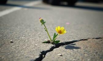 Asphalt kippen halt das Schönheit von Blumen von wachsend Erstellen mit generativ ai Werkzeuge foto