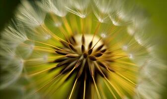 detailliert Aussicht von ein Löwenzahn Blume mit ein Biene Versammlung Nektar. Erstellen mit generativ ai Werkzeuge foto