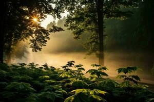 früh Morgen Wald von Ahorn Bäume ai generiert foto