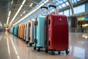 Koffer von Gepäck beim das Flughafen zum Ferien Fachmann Werbung Fotografie ai generativ foto
