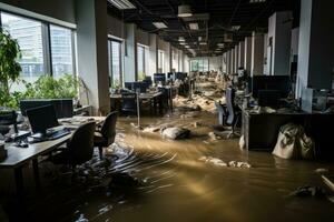 Situation Überschwemmung im Büro beginnend Szenarien Fachmann Werbung Fotografie ai generiert foto