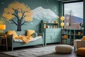 Kindergarten Zimmer im Kinder Zimmer beim Zuhause Tag Aussicht Fachmann Werbung Fotografie ai generativ foto
