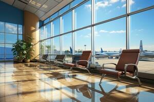 warten Zimmer beim das Flughafen mit das groß Fenster ai generiert foto