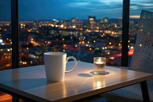 ein Abend im das Büro mit ein leeren Kaffee Becher auf ein Tabelle ai generiert foto