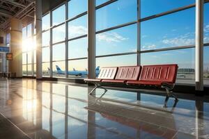 warten Zimmer beim das Flughafen mit das groß Fenster ai generiert foto