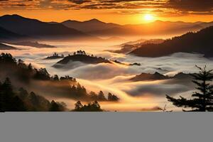 atemberaubend Sonnenaufgang Über das rauchig Berge ai generiert foto