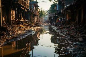 Situation Überschwemmung im Slum beginnend Szenarien Fachmann Werbung Fotografie ai generiert foto