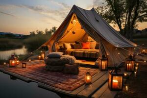 Luxus Verkauf Camping Zelt Verstand Ausbildung Glamping Fachmann Werbung Fotografie ai generiert foto