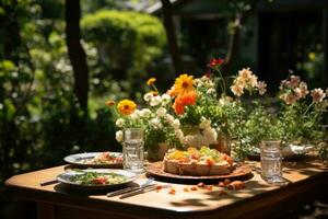 Tabelle einstellen zum ein Sommer- Brunch im das Garten ai generiert foto