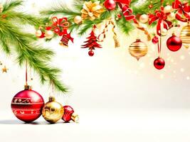 fröhlich Weihnachten Festival und glücklich Neu Jahr auf Urlaub zu Dekorationen zum Gruß Karten auf Weiß Hintergrund mit Kopieren Raum zum Text foto