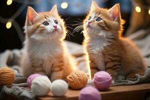 zwei süß Kätzchen sind spielen interaktiv Spaß Fachmann Werbung Fotografie ai generativ foto