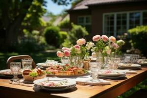 Tabelle einstellen zum ein Sommer- Brunch im das Garten ai generiert foto