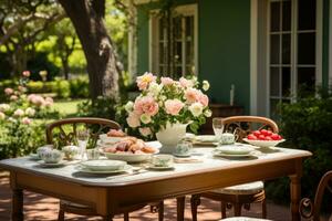 Tabelle einstellen zum ein Sommer- Brunch im das Garten ai generiert foto