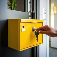 Frau Hand öffnen das Mail Box mit das Taste. ai generiert foto