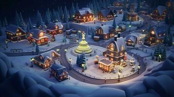 ai generativ realistisch gemütlich klein Weihnachten Stadt, Dorf durch Nacht isometrisch oder Vögel Auge Aussicht foto