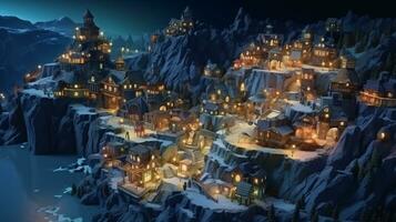 ai generativ realistisch gemütlich klein Weihnachten Stadt, Dorf durch Nacht isometrisch oder Vögel Auge Aussicht foto