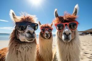 drei Lamas im Sonnenbrille nehmen ein Selfie auf das Strand. Strand Urlaub, Ferien Konzept. generiert durch künstlich Intelligenz foto
