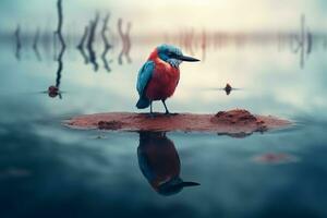 rot Blau Vogel auf Wasser See. generieren ai foto