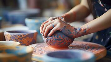 Keramik Herstellung, Hände bedeckt im Blau Farbe erstellen ein Vase foto