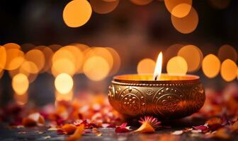 Diwali Kerze mit ein Bokeh bewirken ausstrahlen von es ist golden Flamme, verkörpern das Geist von das Festival von Beleuchtung Feier. ai generiert foto