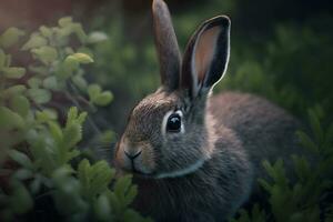 süß braun Hase, Lepus Europaeus, Springen näher auf Gras im Frühling Natur. jung braun Hase Kommen nach vorne im Grün Wildnis. neural Netzwerk ai generiert foto