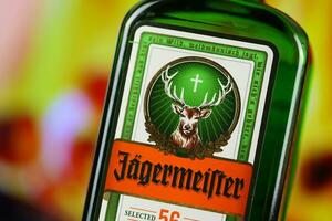 kiew, ukraine - 4. mai 2022 jägermeister original alkoholflasche auf holztisch mit rotem kamin foto