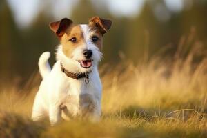 glücklich Jack Russell Terrier Haustier Hund warten, Hören im das Gras. ai generiert foto