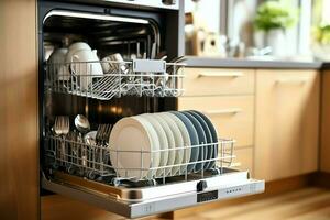 geöffnet Geschirrspüler Maschine im Küche Zimmer mit schmutzig Platten oder sauber Geschirr nach Waschen Innerhalb Konzept durch ai generiert foto