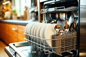 geöffnet Geschirrspüler Maschine im Küche Zimmer mit schmutzig Platten oder sauber Geschirr nach Waschen Innerhalb Konzept durch ai generiert foto