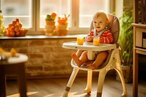 konventionell Baby Fütterung Stuhl im das Essen Tabelle beim Zuhause oder Küche. Kind hoch Stuhl Möbel Konzept durch ai generiert foto