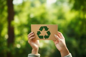 recyceln Symbol auf Hand und Tasche, nachhaltig und Öko Umgebung Konzept. generativ ai foto