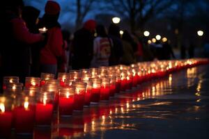 ein hoffnungsvoll Bild von ein Kerzenlicht Mahnwache Auszeichnung jene betroffen durch hiv AIDS, Hervorheben Erinnerung und Einheit. generativ ai foto