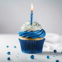 ai generativ Geburtstag Cupcake mit Kerzen auf oben foto