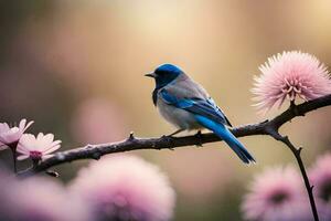 ein Blau Vogel sitzt auf ein Ast mit Rosa Blumen. KI-generiert foto