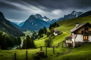 ein Haus im das Berge mit ein Fluss und Berge. KI-generiert foto