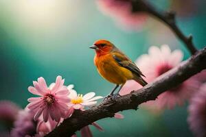 ein klein Vogel ist thront auf ein Ast mit Rosa Blumen. KI-generiert foto