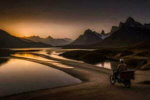 ein Mann auf ein Motorrad Fahrten entlang das Ufer von ein See beim Sonnenuntergang. KI-generiert foto