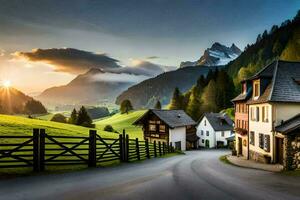 ein Dorf Straße im das Berge beim Sonnenuntergang. KI-generiert foto