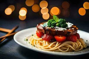 ein Teller mit Spaghetti und Erdbeeren auf Es. KI-generiert foto