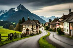 ein Straße im das Berge mit Häuser und Berge im das Hintergrund. KI-generiert foto