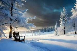 ein Stuhl sitzt im das Schnee Nächster zu Bäume. KI-generiert foto