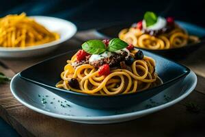 Spaghetti mit Fleischklößchen und Käse auf ein hölzern Tisch. KI-generiert foto