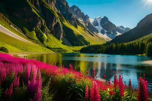 das schön Landschaft von das Berge mit Rosa Blumen. KI-generiert foto