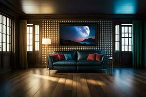 ein Leben Zimmer mit ein Couch und ein Gemälde auf das Mauer. KI-generiert foto