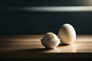 zwei Eier sitzen im ein Schüssel auf ein Tisch. KI-generiert foto