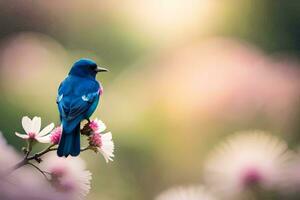 ein Blau Vogel sitzt auf ein Blume. KI-generiert foto