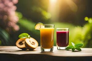 zwei Brille von Saft mit Früchte und Blätter. KI-generiert foto