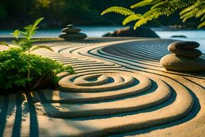 ein Zen Garten mit Felsen und Pflanzen. KI-generiert foto